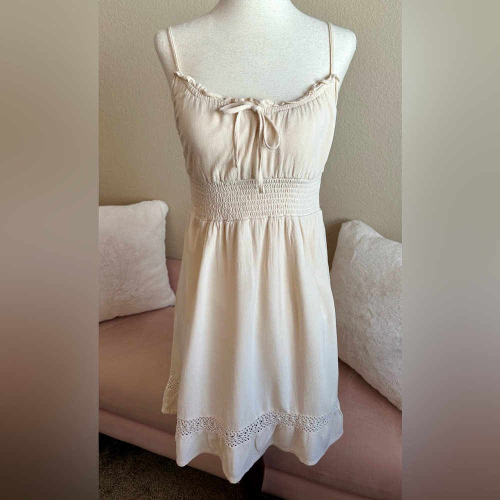 Roxy Dress Ivory Spaghetti Strap Bow Tie Neckline Women’s S Milkmaid Coquette